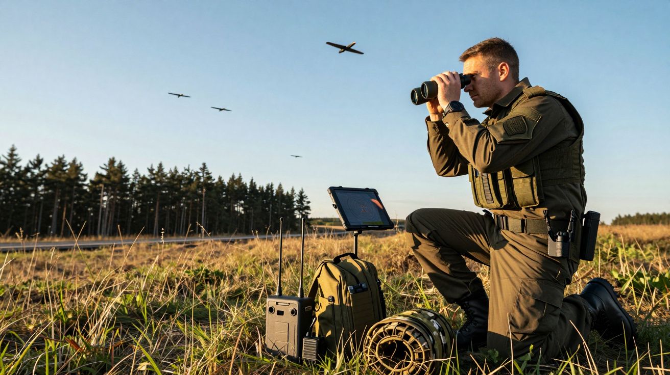 Soldado ajoelhado observa drones com binóculos em campo aberto, equipamento ao lado, céu azul.