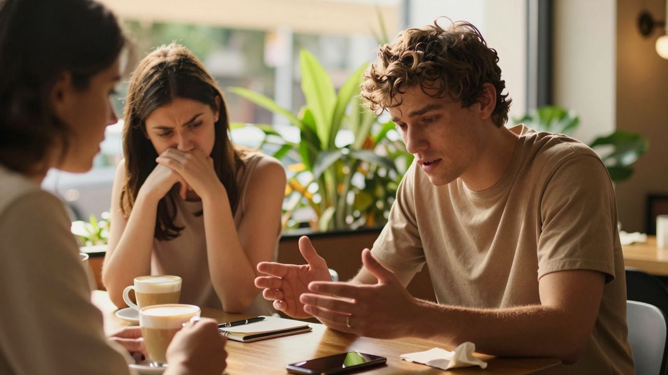 Grupo de três pessoas discutindo em uma mesa de café, com copos e plantas ao fundo.