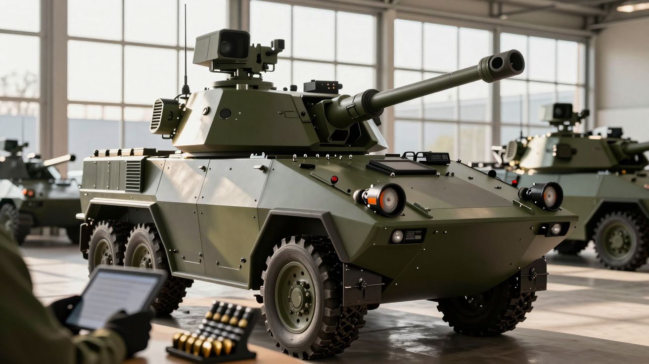 Tanque militar verde em exibição, com rodas grandes e canhão proeminente, em um hangar iluminado.