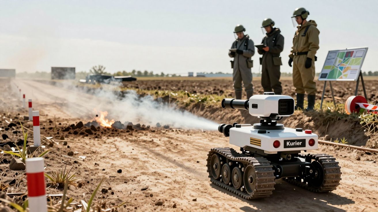Robô de rastos em campo, soltando fumo, com três pessoas de uniforme ao fundo, observando e anotando.
