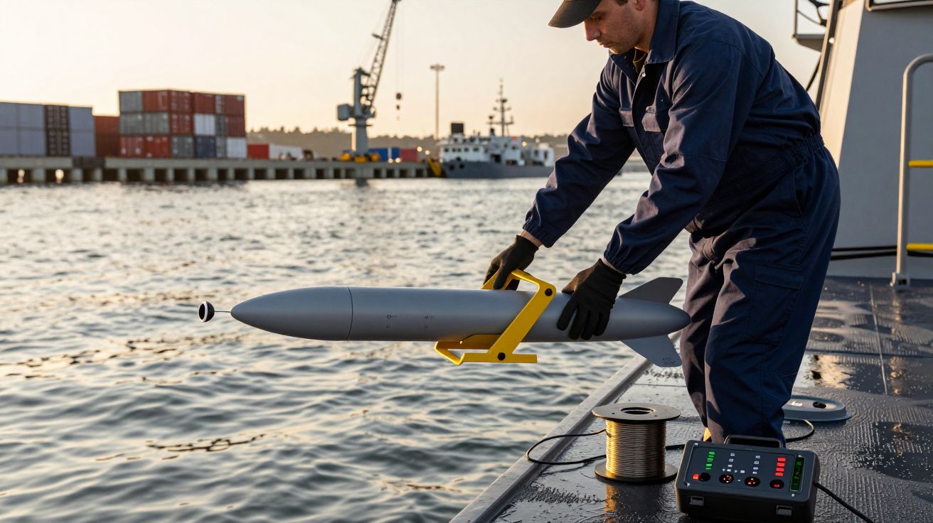 Homem lança drone subaquático no mar de um barco industrial ao amanhecer, com contentores e guindastes ao fundo.