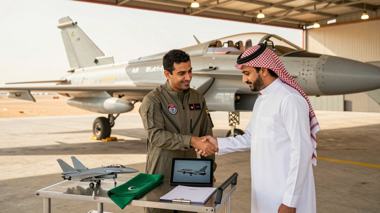 Dois homens apertam as mãos em frente a um jato militar, com miniaturas e um tablet sobre uma mesa.