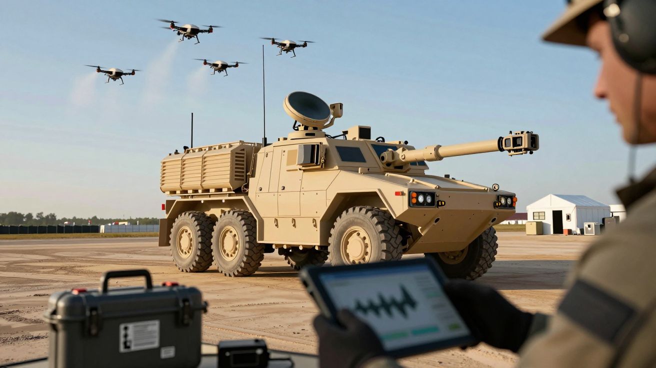 Veículo militar blindado com canhão e operador com tablet em frente; drones pairam no céu.
