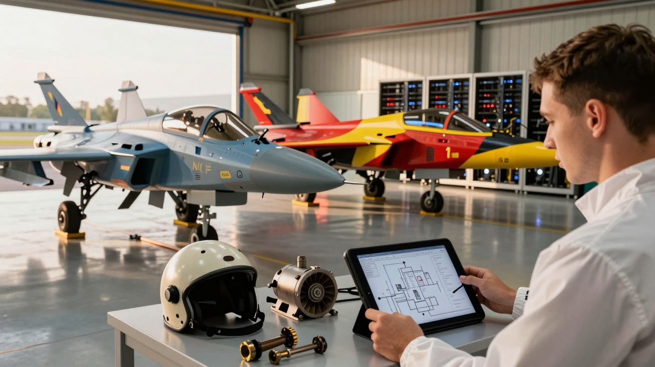 Homem analisa diagrama num tablet em hangar com dois aviões e equipamentos de aviação sobre a mesa.