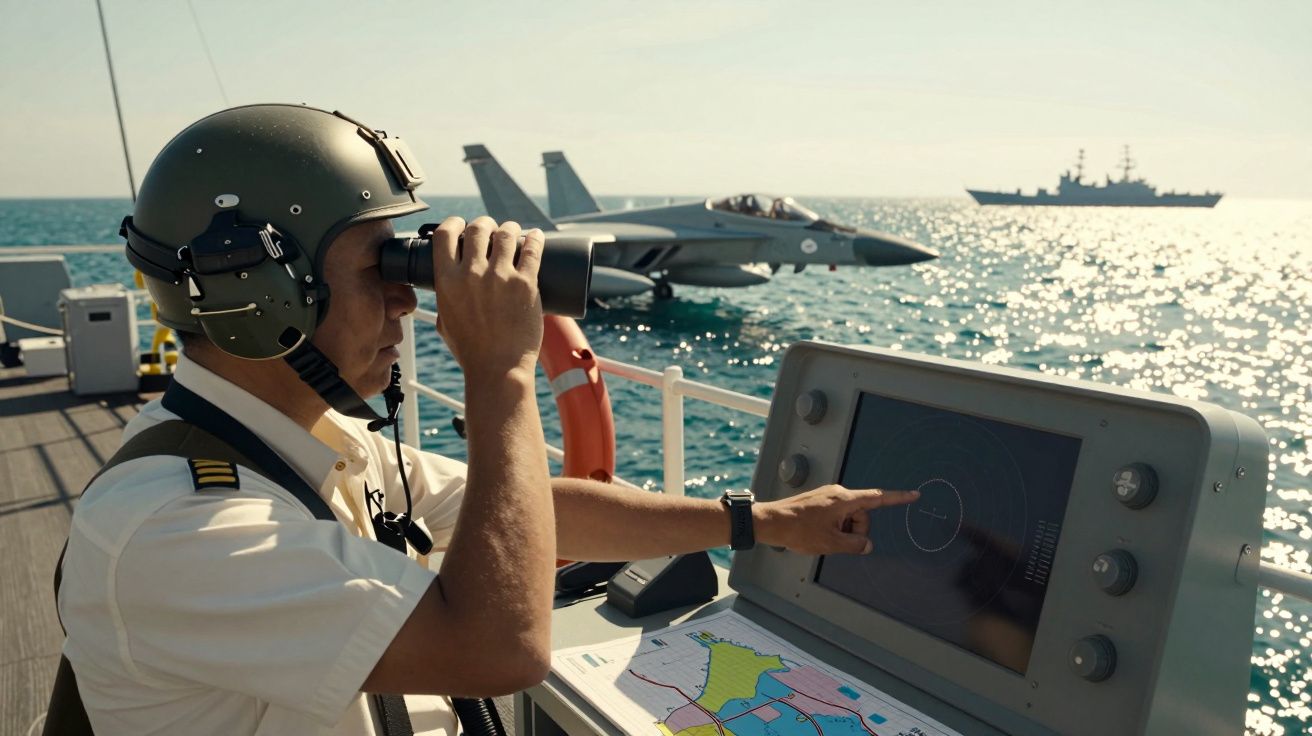 Marinheiro com binóculos numa fragata observa aviões e navio de guerra no mar, aponta para ecrã de radar.