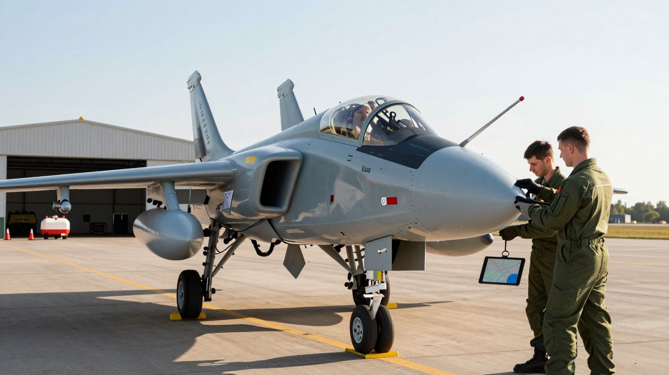 Dois pilotos em frente a um jato cinza na pista de uma base aérea, observando instrumentos.