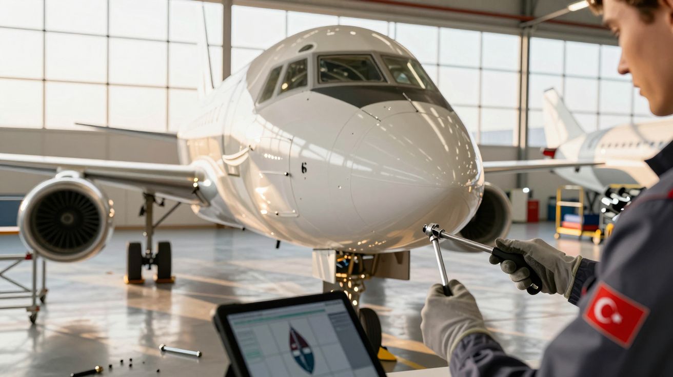 Técnico de manutenção trabalha num avião dentro de um hangar, com tablet próximo exibindo gráficos.