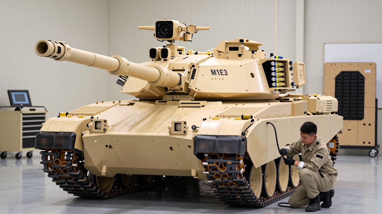 Tanque de guerra bege em galpão, com técnico a fazer manutenção no lado direito, junto às lagartas do veículo.