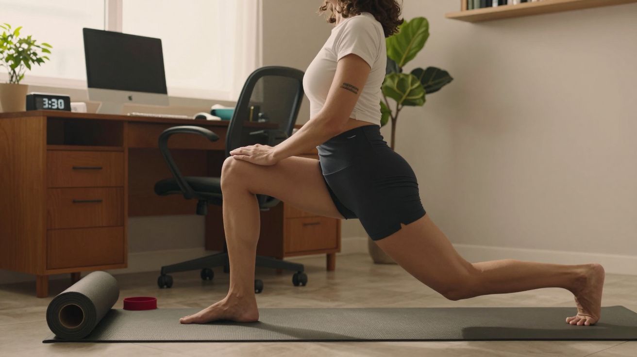 Mulher a fazer alongamento numa sala com secretária e plantas ao fundo.