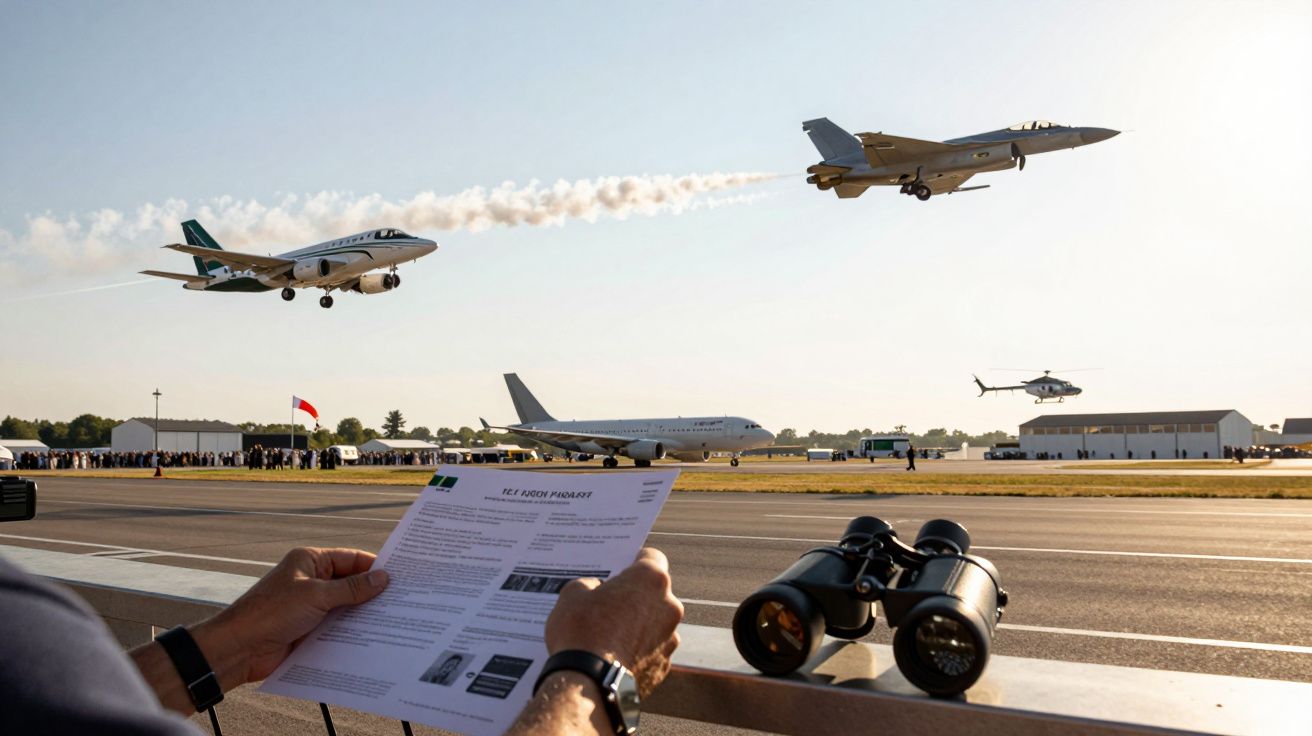 Pessoa observa show aéreo com aviões e helicóptero; binóculos e papel em primeiro plano.