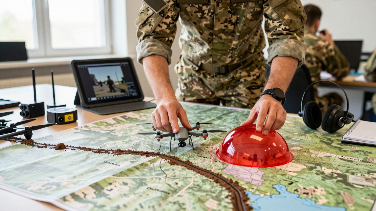 Soldado em uniforme camuflado interage com drone e mapa topográfico numa mesa, preparando estratégia militar.