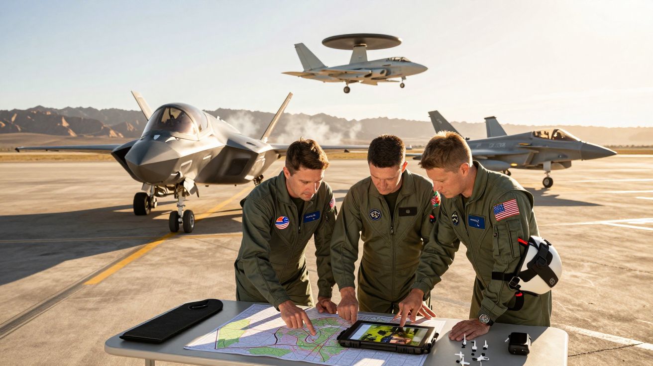 Três pilotos analisam um mapa e tablet numa base aérea, com jatos ao fundo e uma aeronave no ar.