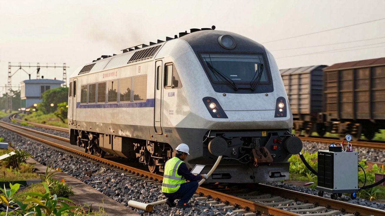 Comboio moderno em linha férrea, técnico em colete refletor inspecciona com portátil ao lado da locomotiva.