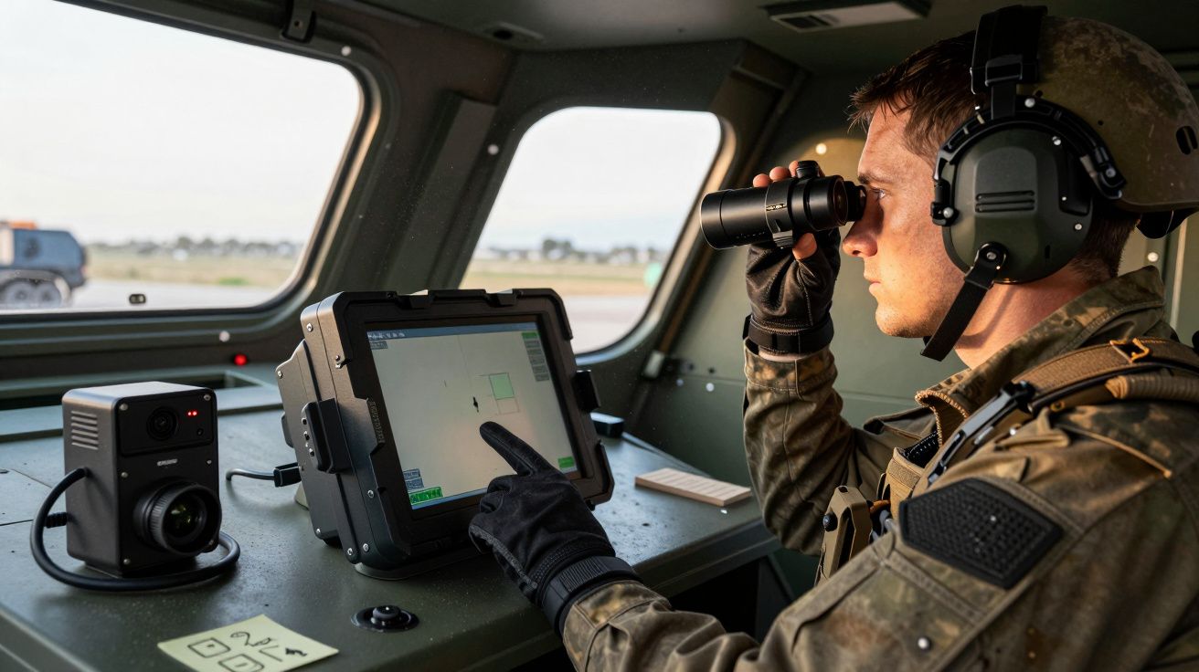 Militar em veículo usando binóculos e apontando para um ecrã tátil com equipamento de vigilância ao redor.