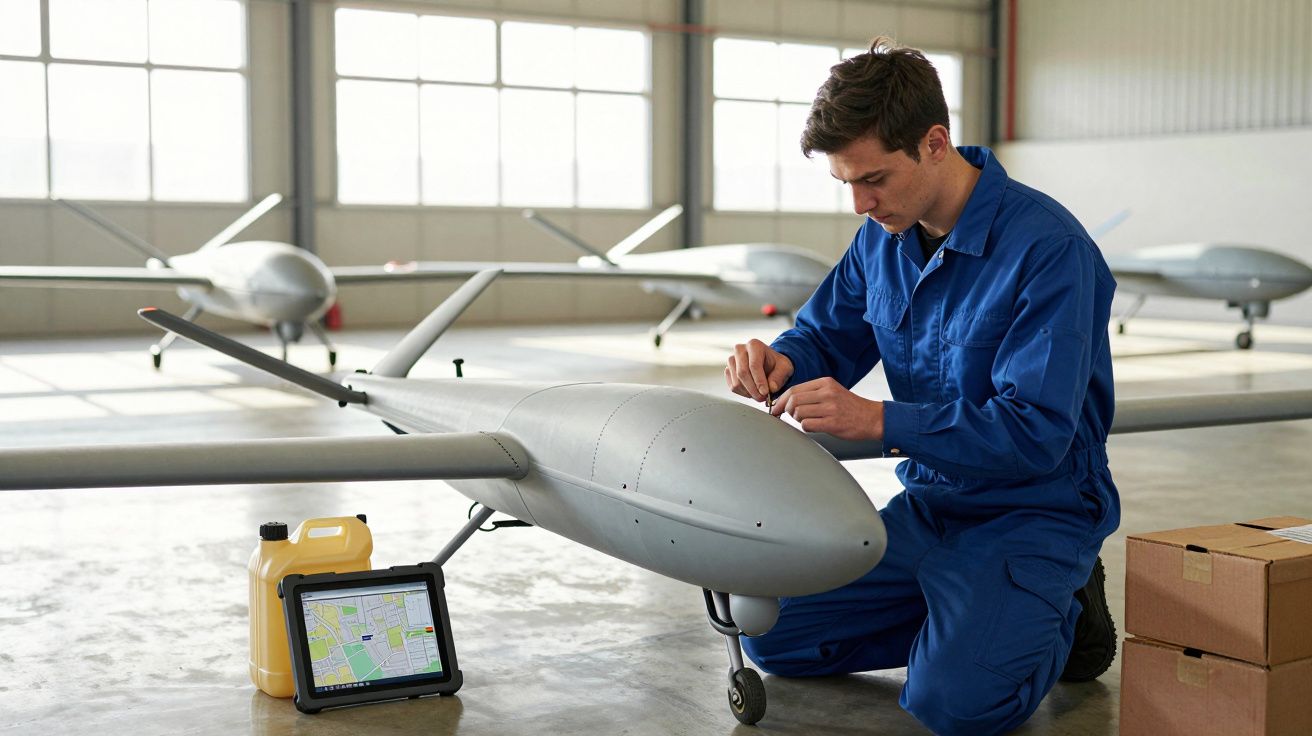Técnico em macacão azul trabalha em drone numa oficina, perto de um tablet e um recipiente de combustível.