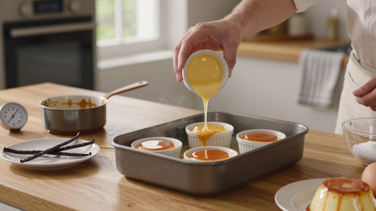 Pessoa a verter creme sobre pudins em forminhas, numa cozinha com utensílios e ingredientes sobre a bancada.