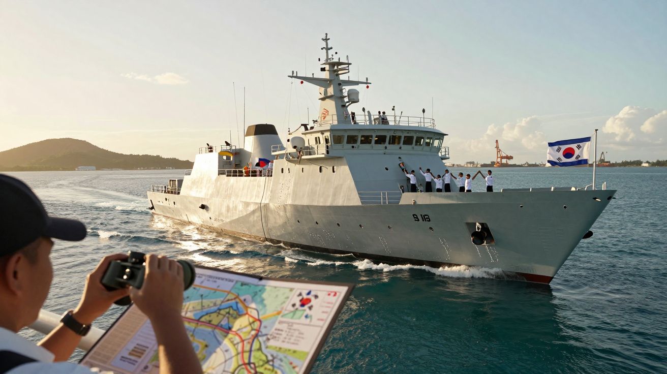 Navio militar cinza navegando, tripulação a bordo acenando. Pessoa com mapa e câmara no primeiro plano.