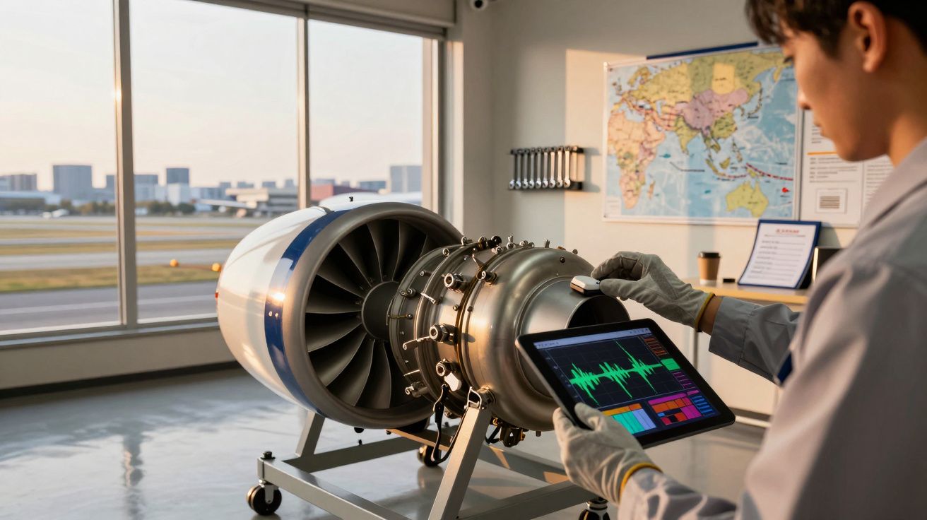 Técnico analisa motor a jato em laboratório com tablet, próximo a janela com vista para pista de aeroporto.