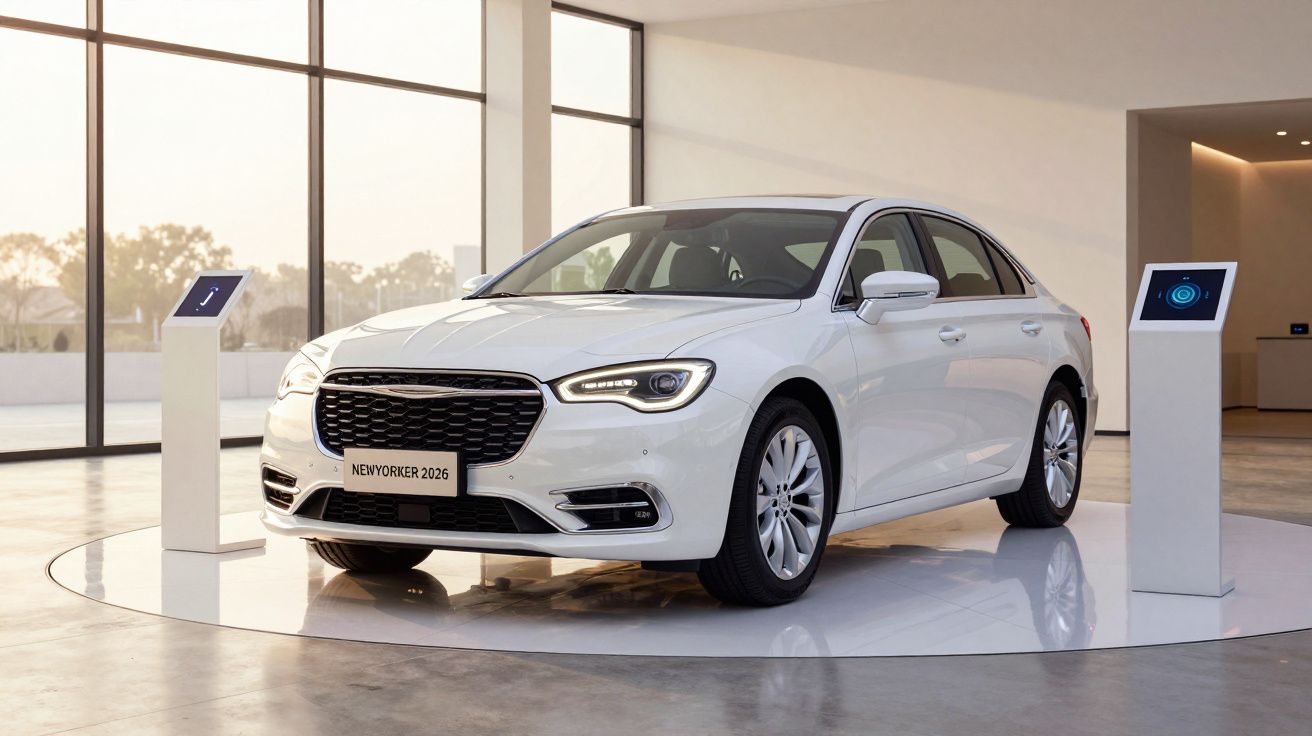 Carro branco moderno em exposição num showroom iluminado pelo sol, com painéis digitais ao lado.