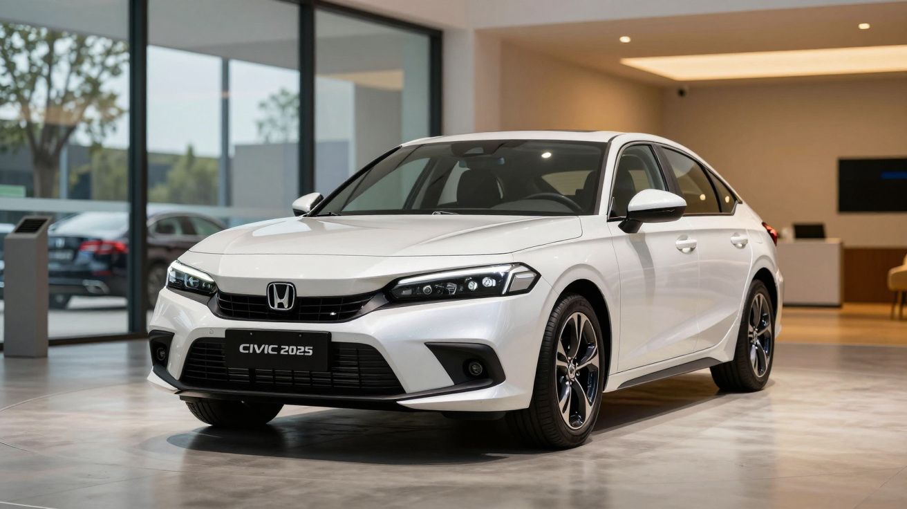 Carro Honda Civic 2025 branco, estacionado num showroom moderno com grandes janelas e decoração minimalista.
