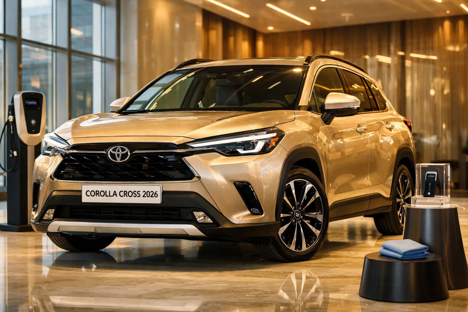 SUV Toyota branco em exposição, com plantas ao fundo e estação de carregamento à esquerda.