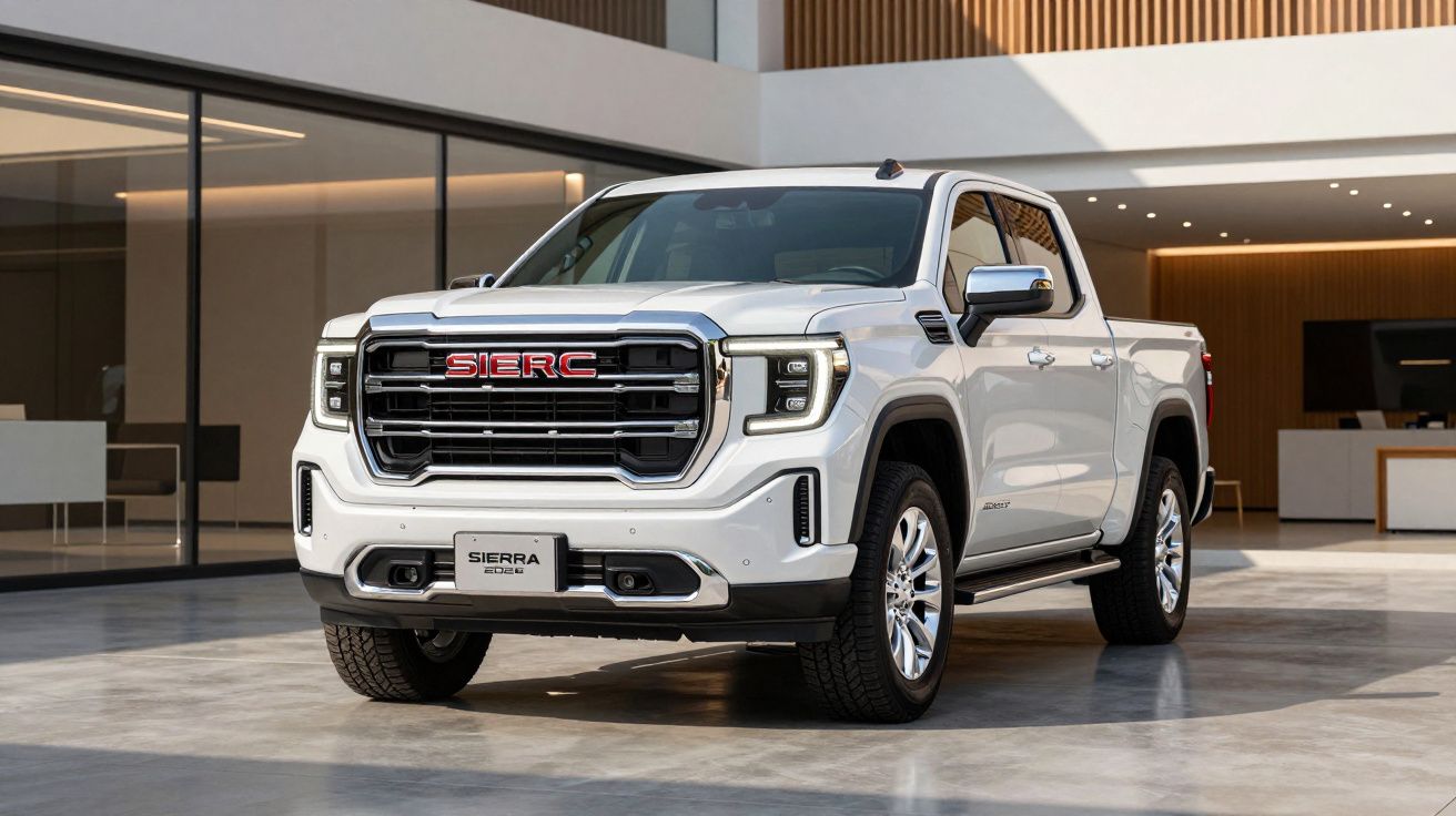 Camião branco modelo Sierra Denali estacionado em garagem moderna com fachada de vidro e madeira ao fundo.