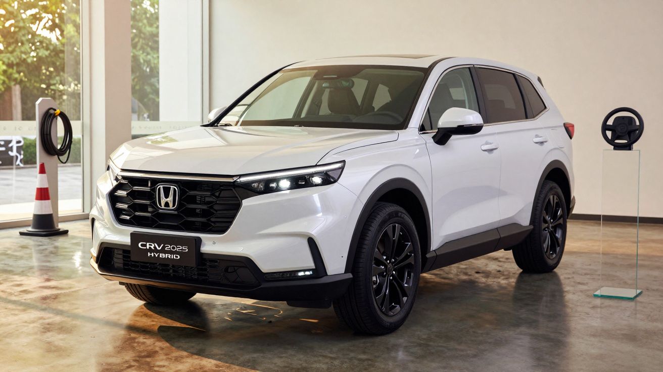 SUV branco Honda CRV 2025 Hybrid estacionado num showroom com chão de madeira e janela ao fundo.
