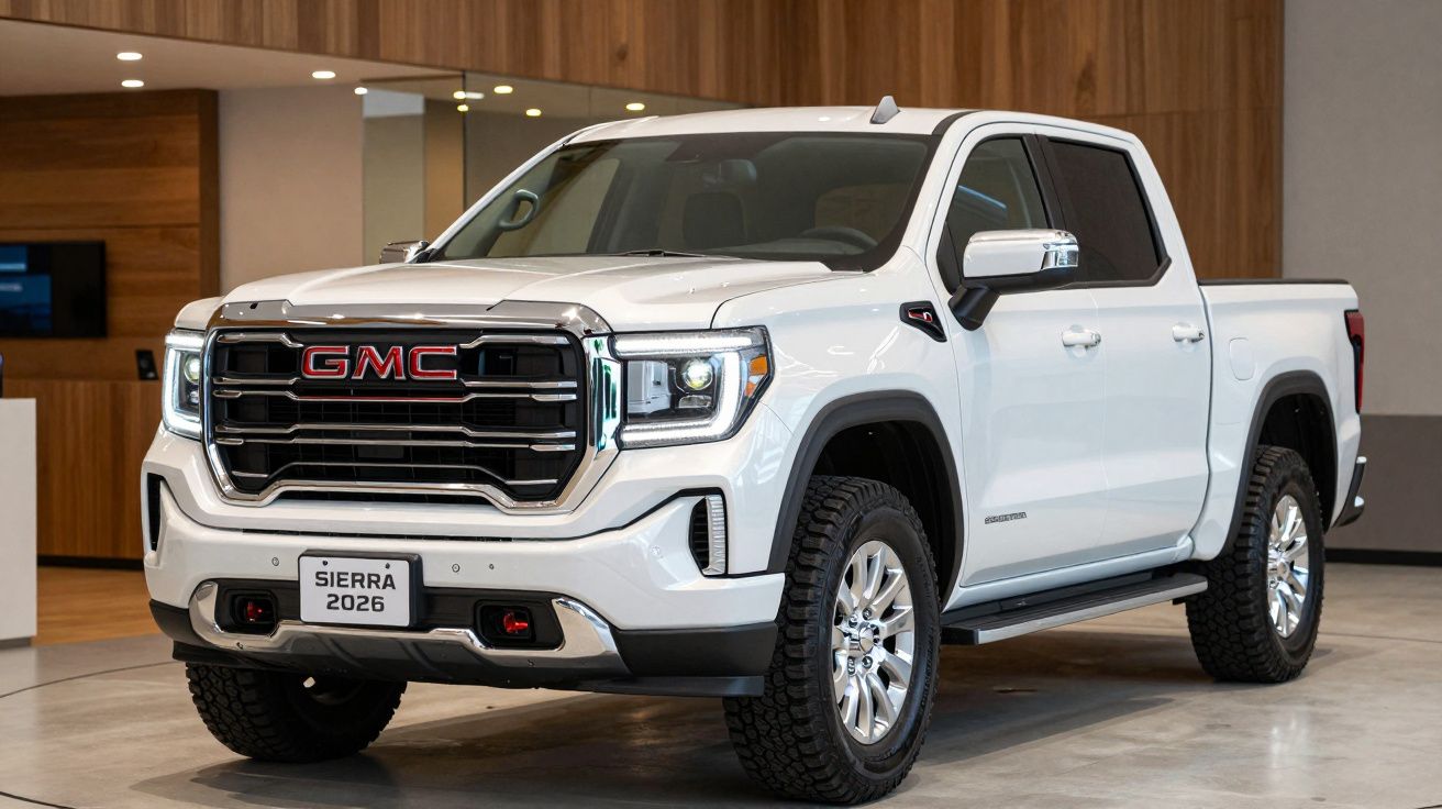 Camião GMC Sierra 2026 branco em exposição num showroom com interior em madeira.