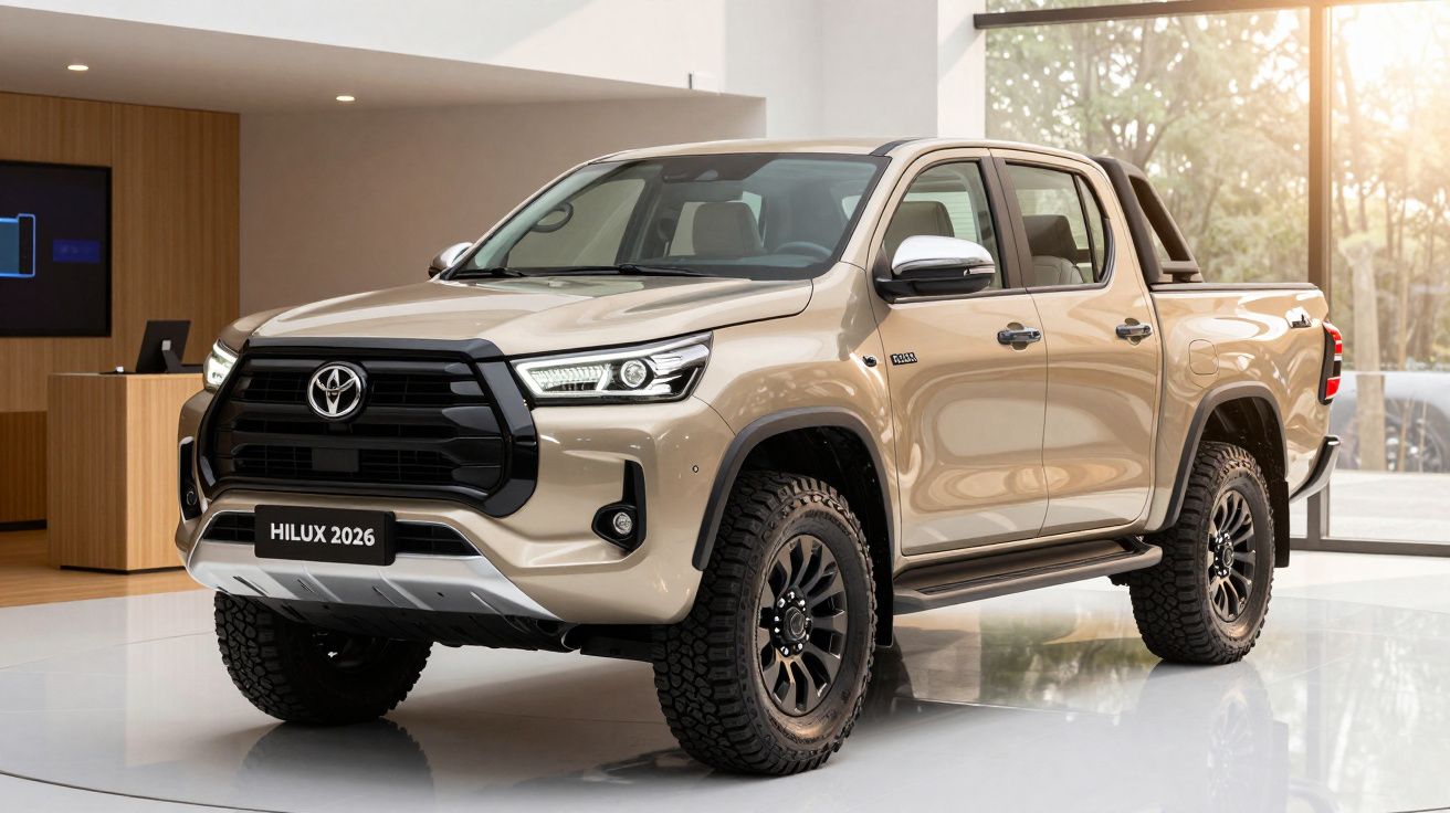 Carrinha Toyota Hilux 2026 em exibição num showroom, cor bege metálico, com design moderno e robusto.