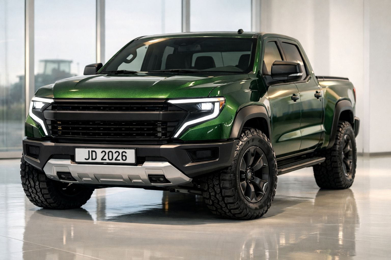 Camião verde John Deere ZSOS estacionado num showroom com luz natural vinda de janelas grandes.