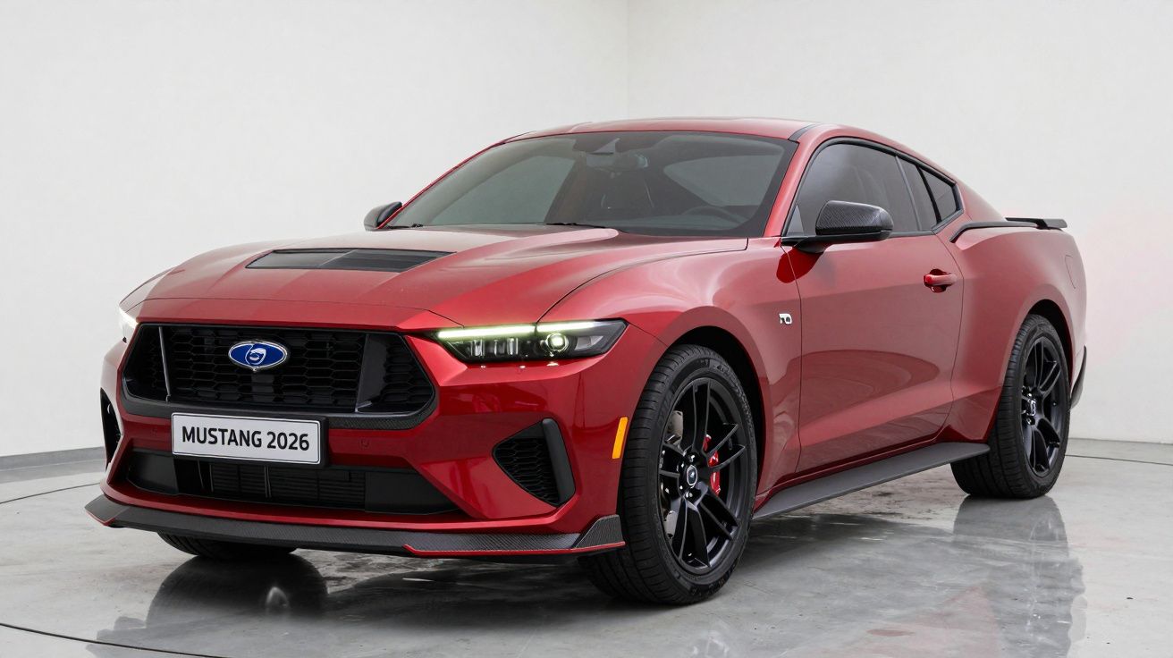 Carro desportivo vermelho, modelo Mustang 2026, estacionado num estúdio branco.