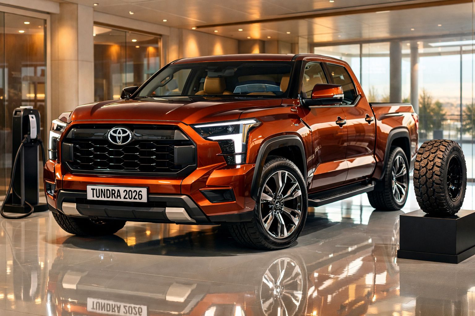 Camião Toyota Tundra 2026 branco, exibido numa sala de exposição moderna com piso cinza e detalhes automotivos.