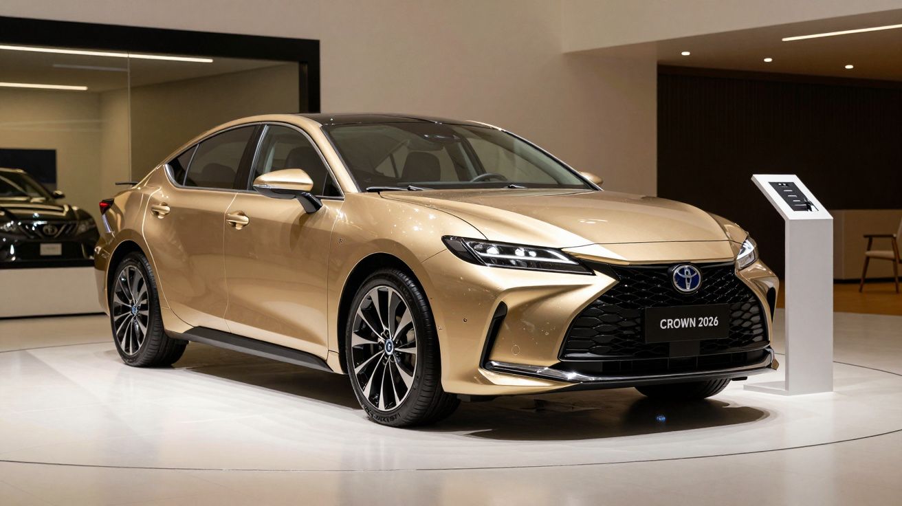 Carro sedan dourado em exposição, com design moderno e elegante, ao lado de um pedestal com informações.