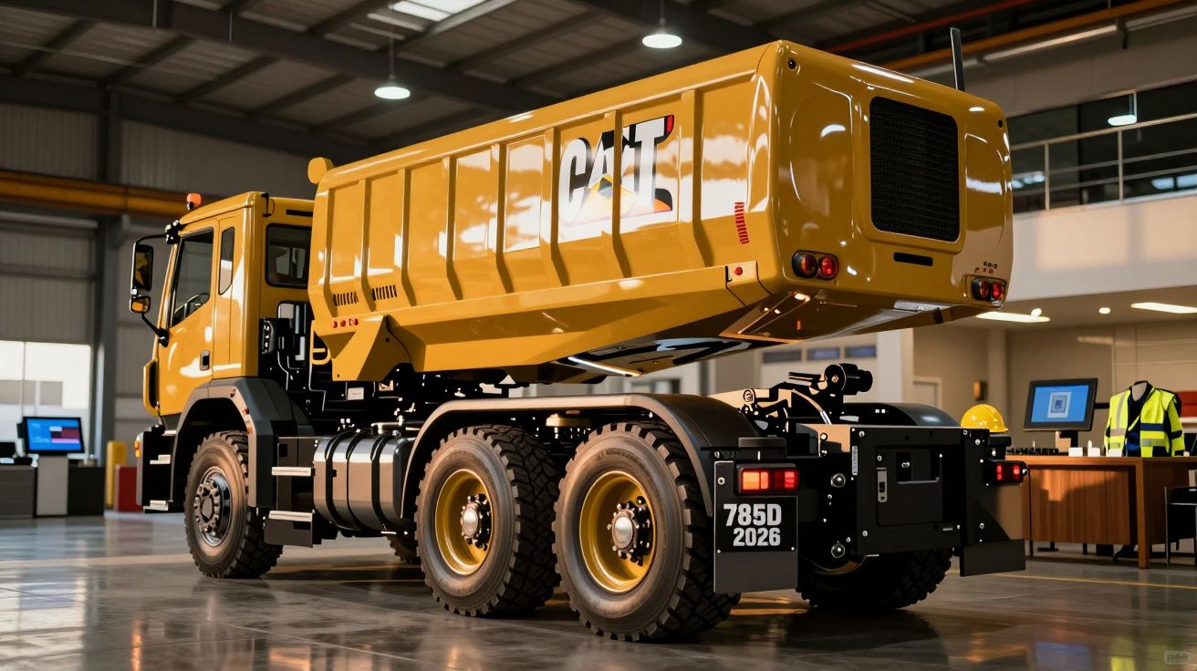Camião basculante amarelo CAT num armazém iluminado, com computadores e coletes visíveis ao fundo.