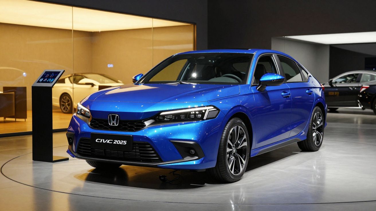 Carro Honda Civic 2025 azul brilhante exposto em showroom elegante, com design moderno e desportivo.