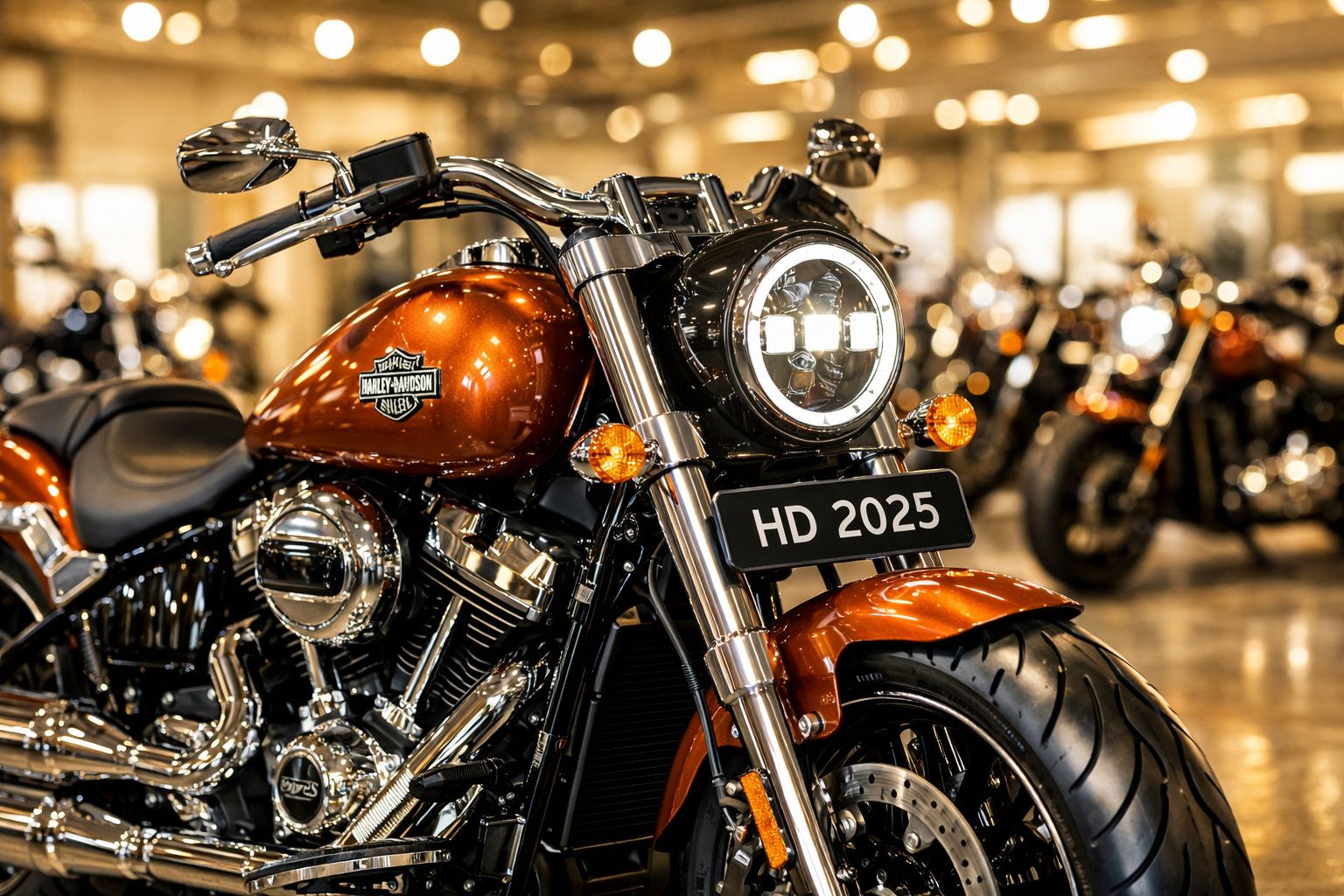 Motos em exibição num showroom com luz natural, destacando detalhamento moderno e design elegante.