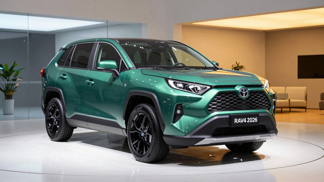 SUV verde Toyota RAV4 2026 em exposição, com design moderno e detalhes em preto.