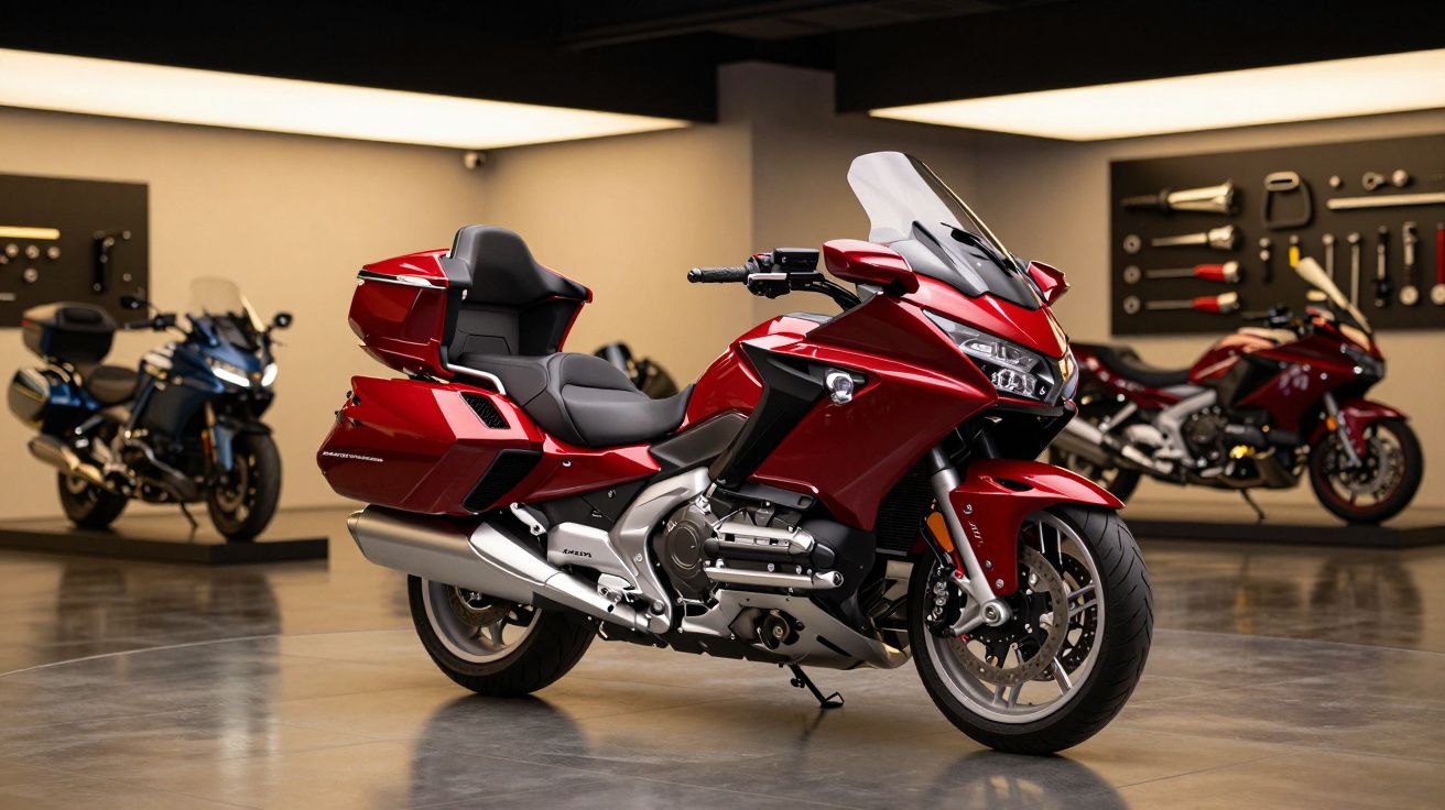 Moto vermelha estacionada num showroom moderno, com duas outras motos em segundo plano.