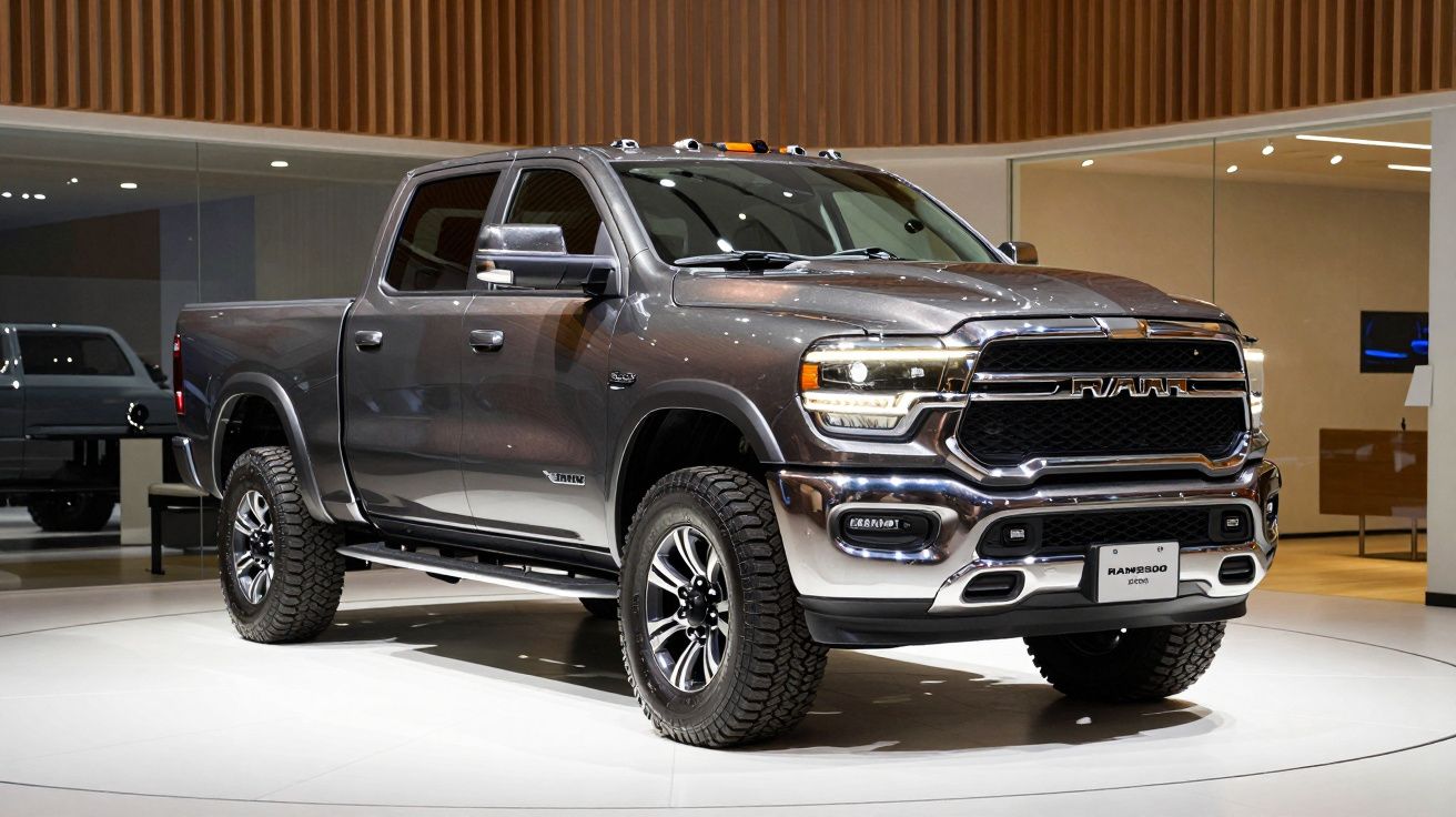 Camião pick-up cinzento exposto num salão automóvel, com detalhes cromados e pneus todo-o-terreno.