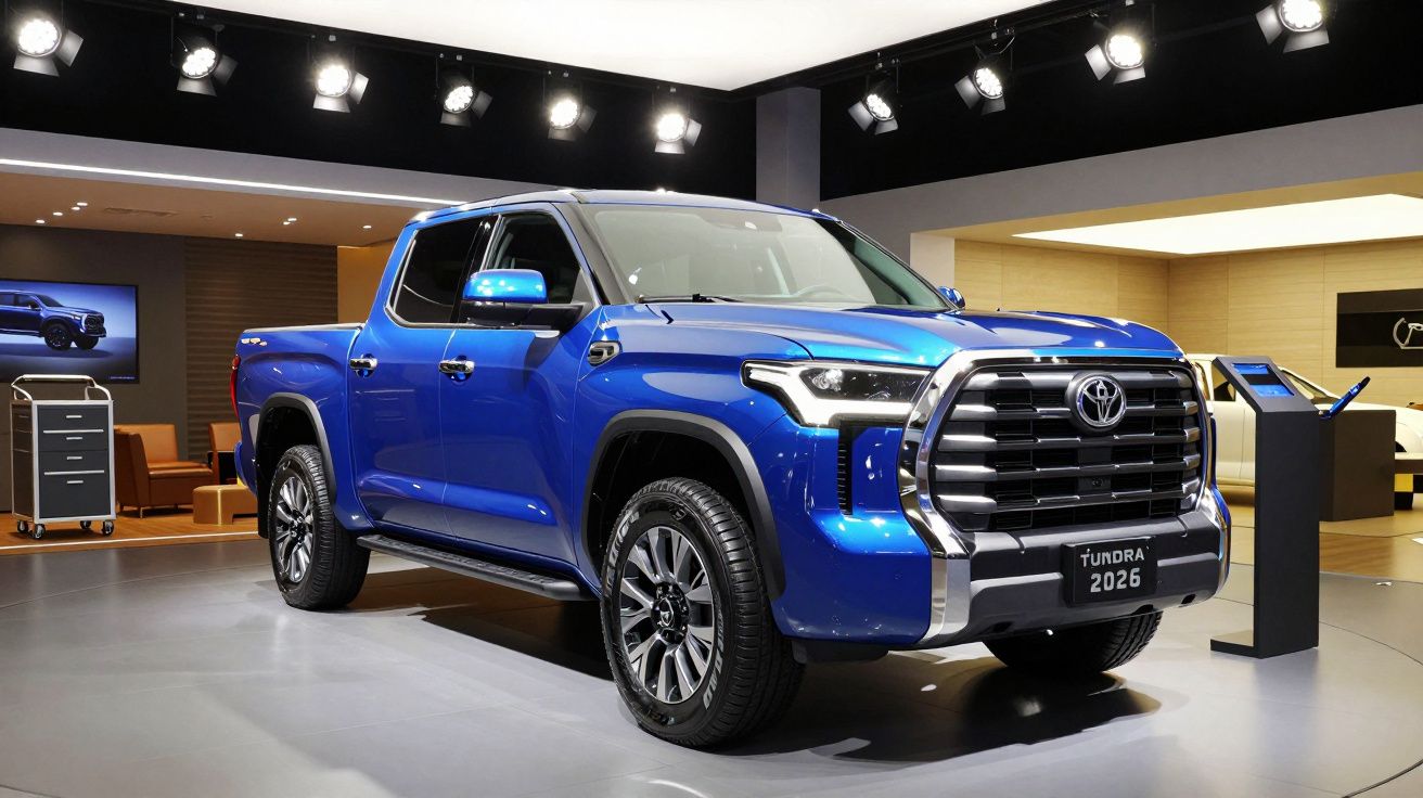 Camião azul Toyota Tundra 2026 em destaque num salão automóvel iluminado, vista frontal e lateral.