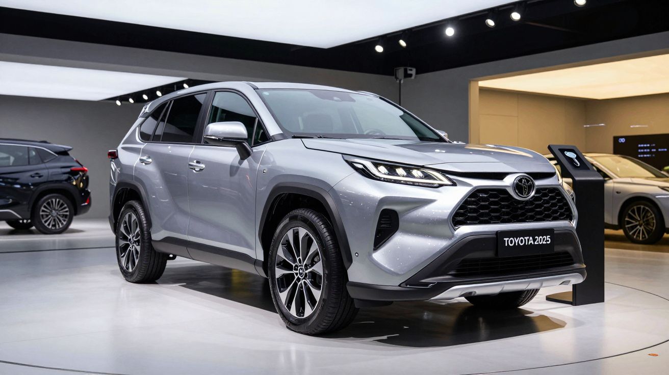 SUV prateado da Toyota 2025 exibido em um showroom iluminado, com design moderno e linhas elegantes.