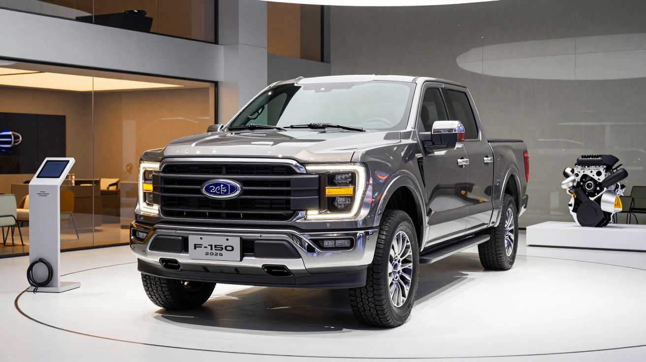 Camioneta cinza Ford F-150 2020 em exposição em showroom iluminado.