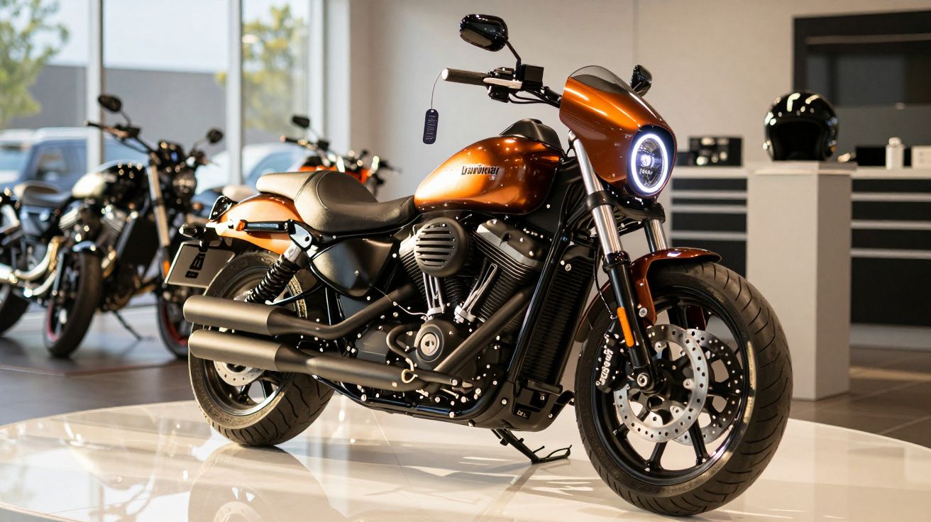 Motocicleta laranja metálica exibida em show room, com design moderno e detalhes pretos, refletindo brilho sob a luz.