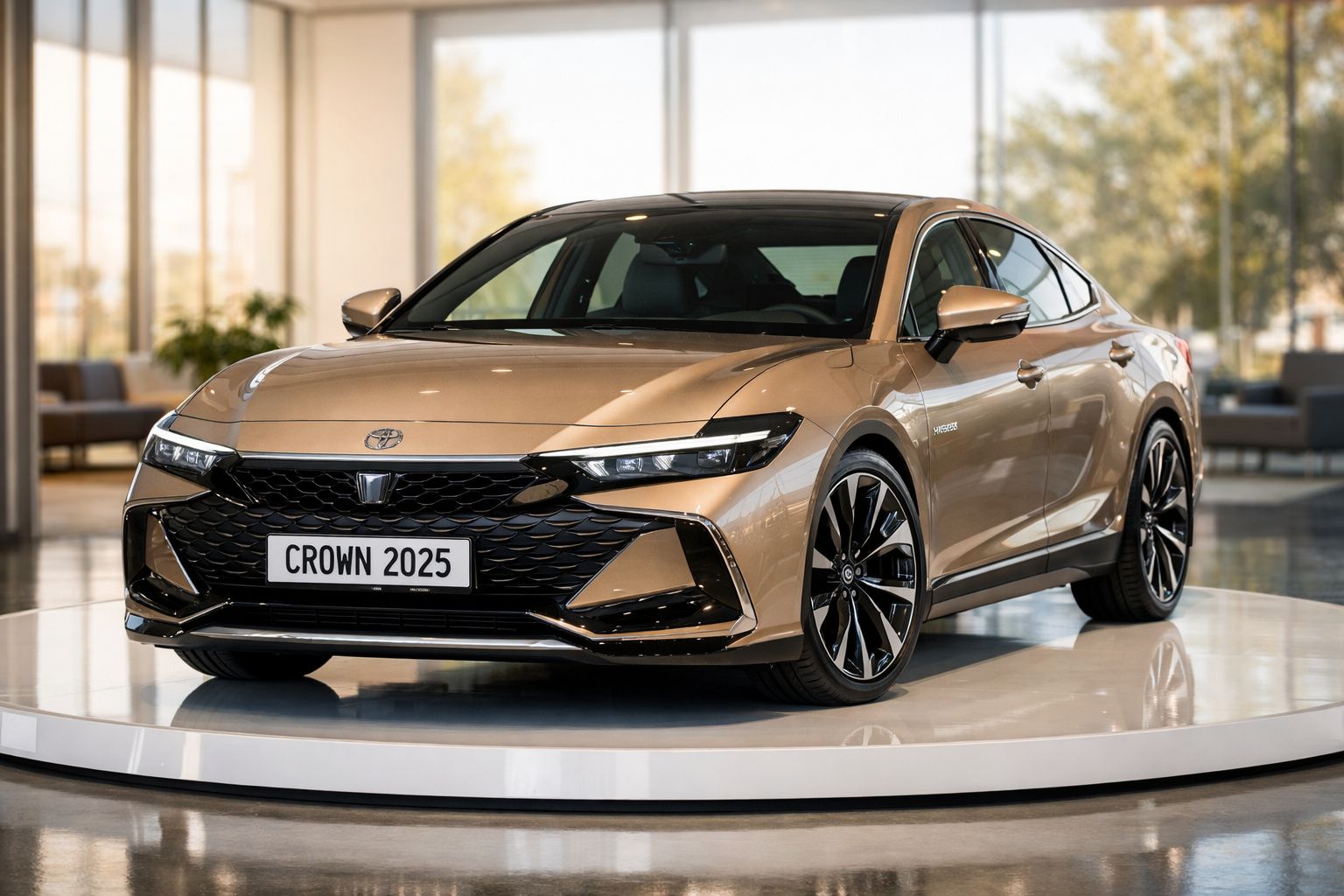 Carro sedan branco num showroom iluminado, com uma estação de carregamento e painel interativo ao fundo.