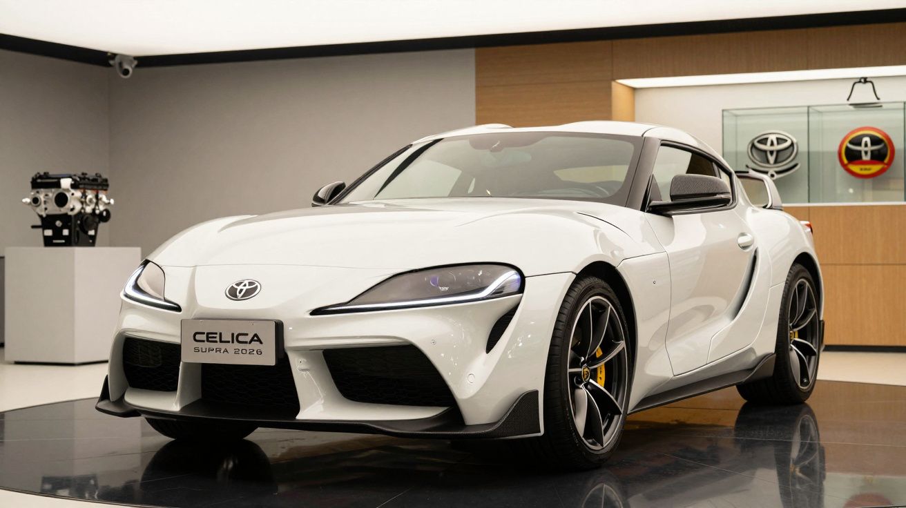 Carro desportivo branco Toyota Celica Supra 2026 em exposição, com design aerodinâmico e jantes pretas.