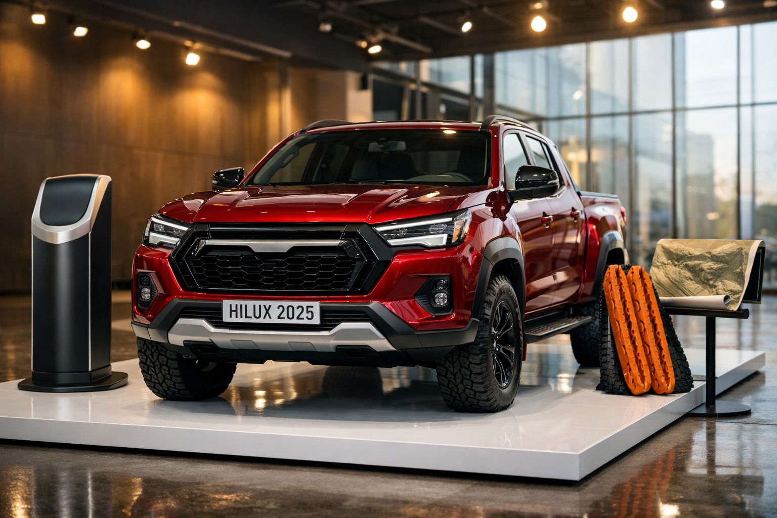 Pickup branca Toyota Hilux 2025 em exposição num showroom moderno.