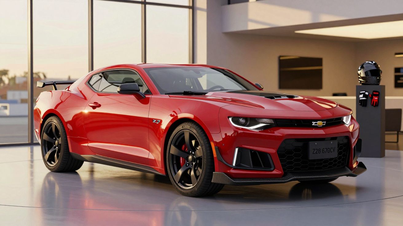 Carro desportivo vermelho num showroom iluminado, com jantes pretas e detalhes aerodinâmicos.