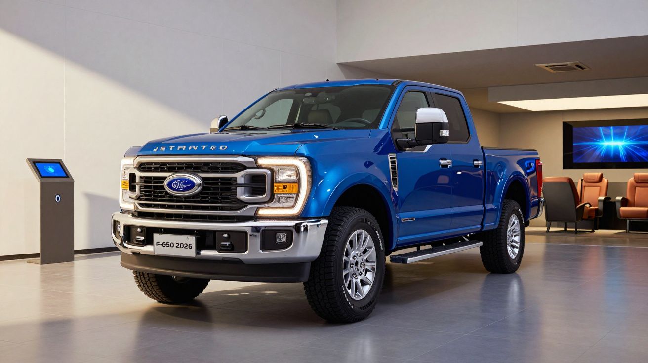 Camião azul estacionado num showroom moderno, com interiores e tecnologia visíveis em fundo.