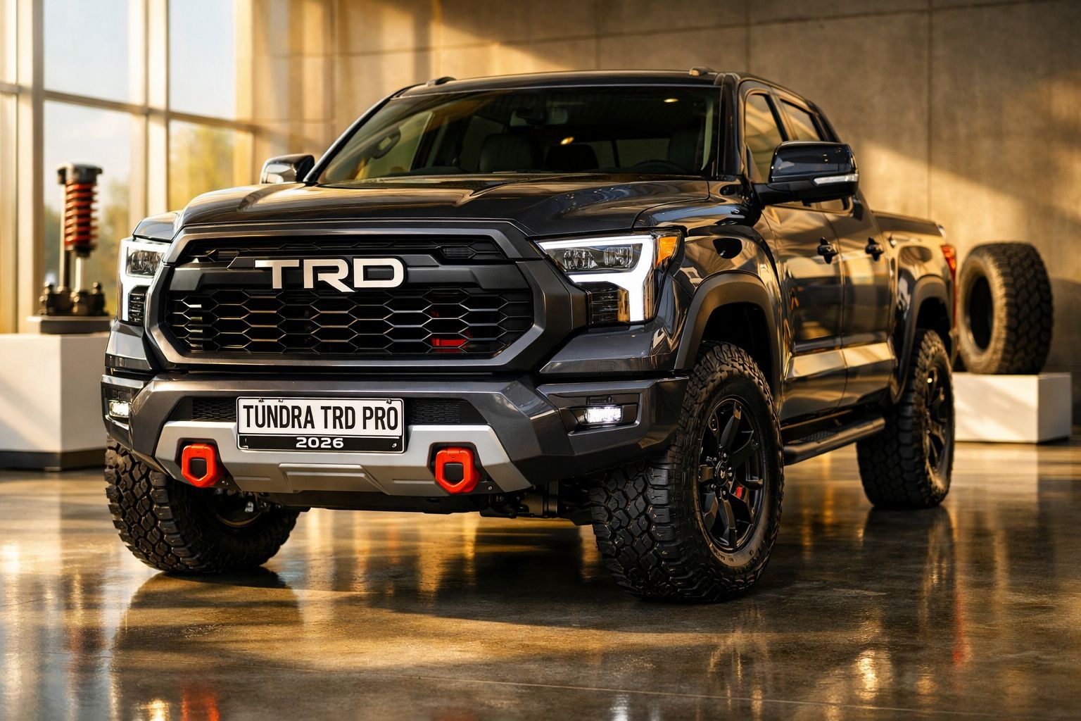 Camião branco estacionado num showroom moderno, com jantes expostas ao fundo.