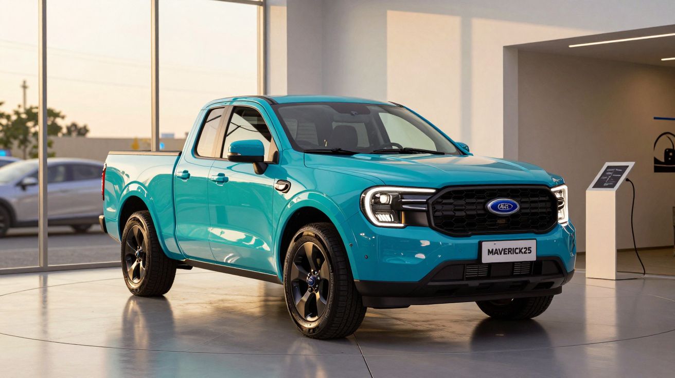 Camião azul Ford Maverick num stand com janelas grandes e sol ao fundo.